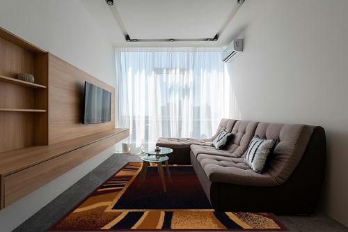 Home Dynamix Premium Rizzy Contemporary Abstract Border Area Rug, Brown/Beige, 7'8"x10'7" in Grey Living Room with Brown Couch