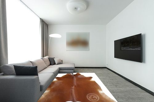 Genuine Brown Cowhide Rug 6 x 7-8 ft. 180 x 220 cm in Modern Living Room with Grey Couch