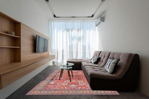 Syalife Washable Rug Vintage Area Rugs, 8'x 10' Living Room Rug with Non Slip Backing, Distressed Indoor Carpet Non-Shedding Red Rug, Vintage Floor Mat Indoor Rug (Red, 8'x 10') in Grey Living Room with Brown Couch