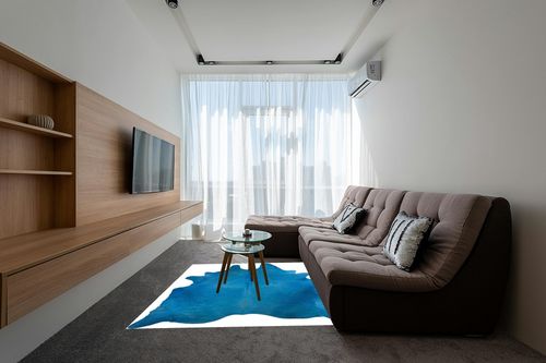 Natural Geneva Cowhide Area Rugs for Living Room and Bedroom | Handmade 100% Cow Rug with Low Pile | Shed-Resistant Home and Office Rug, Sky Blue, 6 ft x 7 ft in Grey Living Room with Brown Couch
