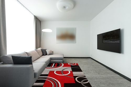 Red Modern Stain-resistant Living Room Area Rug in Modern Living Room with Grey Couch