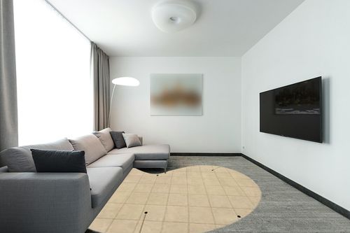 JONATHAN Y GST104A-8 Bean Modern Plaid Grid Handwoven Wool Area Rug, Casual, Geometric, Minimalist for Bedroom, Kitchen, Living Room, Easy-Cleaning, Beige/Light Brown, 8 ft. x 10 ft. in Modern Living Room with Grey Couch