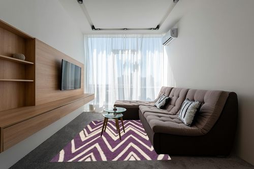 SAFAVIEH Cambridge Collection Area Rug - 6' x 9', Purple & Ivory, Handmade Chevron Wool, Ideal for High Traffic Areas in Living Room, Bedroom (CAM711P) in Grey Living Room with Brown Couch