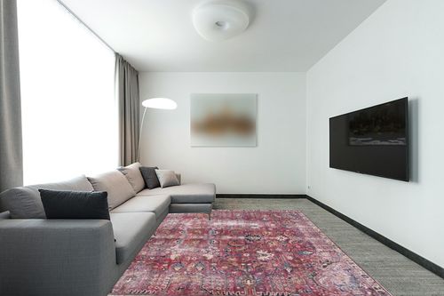 Safavieh Tucson Collection Area Rug - 8' x 10', Red & Beige, Persian Distressed Design, Non-Shedding Machine Washable & Slip Resistant Ideal for High Traffic Areas in Living Room, Bedroom (TSN174Q) in Modern Living Room with Grey Couch