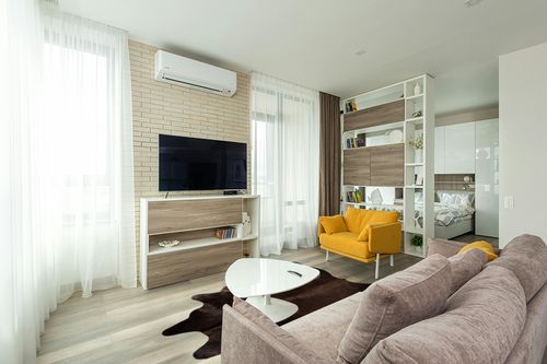 Sunshine Cowhides Genuine Dark Chocolate Brown Cowhide Rug 6 x 7-8 ft. 180 x 240 cm in Light Modern Living Room with TV