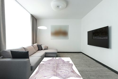 Natural Scotland Cowhide Area Rugs for Living Room and Bedroom | Handmade 100% Cow Rug with Low Pile | Shed-Resistant Home and Office Rug, Pink & Silver, 6 ft x 7 ft in Modern Living Room with Grey Couch