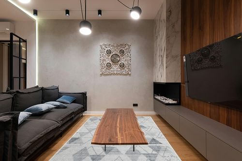FairOnly Area Rug 6x9 Modern Geometric Rug Grey Abstract Area Rug for Living Room, Dining Room Rug, Bedroom Carpet, Indoor Non Skid Rubber Backed Area Rugs, Grey 6x9 in Dark Wood Living Room with Black Couch