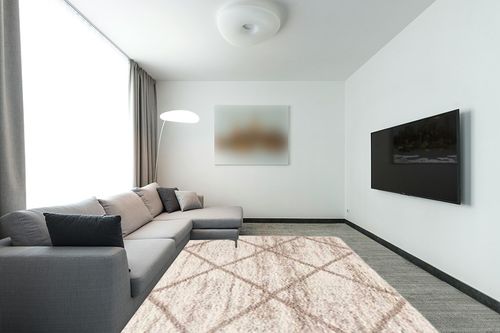 SAFAVIEH Hudson Shag Collection Area Rug - 8' x 10', Multi Ivory & Beige, Modern Trellis Design, Non-Shedding & Easy Care, 2-inch Thick Ideal for High Traffic Areas in Living Room, Bedroom (SGH281H) in Modern Living Room with Grey Couch