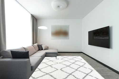Beahm Geometric Shag Gray Area Rug Gracie Oaks Rug Size: Rectangle 7'10" x 10' in Modern Living Room with Grey Couch