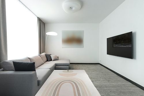 Boho Stacked Rainbow Ivory Area Rug by Corrigan Studio Corrigan Studio Rug Size ... in Modern Living Room with Grey Couch