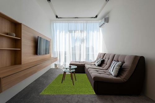 Unique Loom Solid Shag Collection Area Rug (5' 1" x 8' Rectangle, Grass Green) in Grey Living Room with Brown Couch