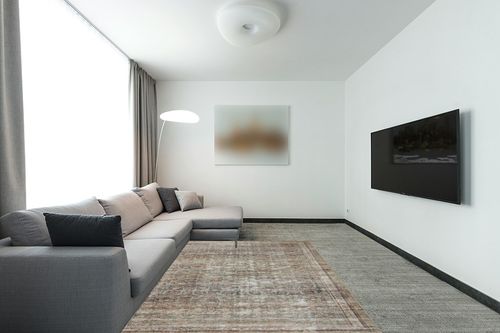 Chris Loves Julia x Loloi 7'6" 9'6" Ink/Terracotta Large Jules Jul-09 Area Rug in Modern Living Room with Grey Couch