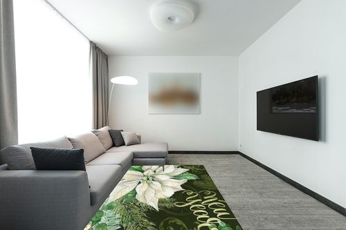 OComster Merry Christmas Rectangle Shape Large Area Rugs - 5 x 8 Feet White Xmas Poinsettia Pine Needle Green Retro - (Non-Woven + Rubber) Low File Floor Mat in Modern Living Room with Grey Couch