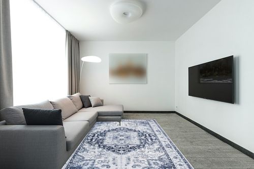 xilixili Area Rug 6x9 - Anti-Slip Backing Washable Rug - Stain Resistant Boho Rugs for Living Room,Bedroom & Dining Room,Vintage Printed Area Rugs (Navy Blue,6'x9') in Modern Living Room with Grey Couch