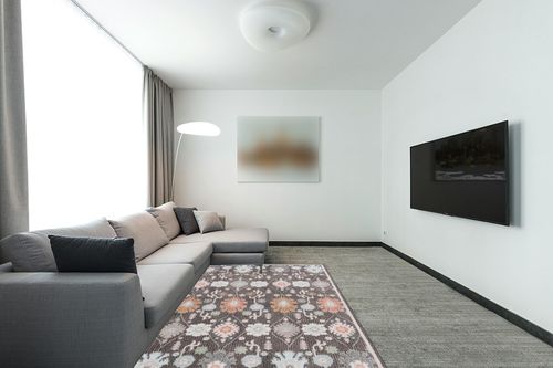 SAFAVIEH Phoenix Collection Area Rug - 5'5" x 7'7", Dark Grey & Ivory Blue, Boho Design, Ideal for High Traffic Areas in Living Room, Bedroom, Dining (PHX560H-5) in Modern Living Room with Grey Couch