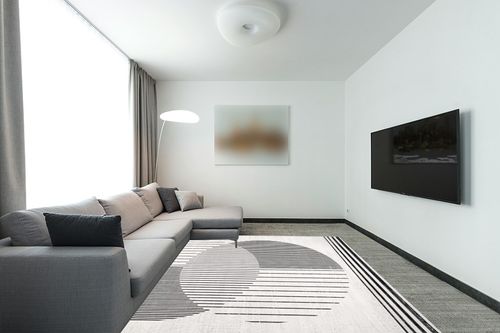 nuLOOM Leah Machine Washable Geometric Moon Phase Area Rug, 8x10, Grey in Modern Living Room with Grey Couch