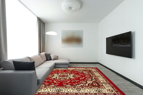 Antep Rugs Kashan King Collection HIMALAYAS Oriental Area Rug Maroon and Beige - Maroon and Beige - 8' x 10' in Modern Living Room with Grey Couch