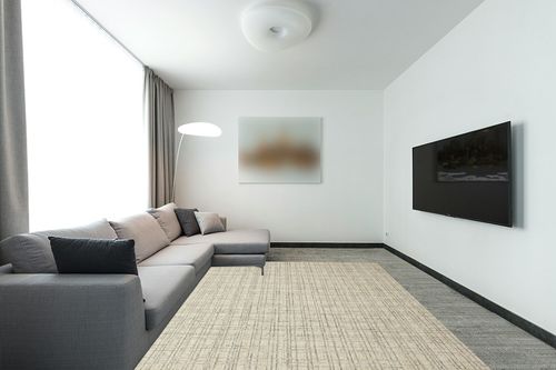 Chris Loves Julia x Loloi Polly Collection POL-03 Antique / Mist 7'-9" x 9'-9" Area Rug in Modern Living Room with Grey Couch