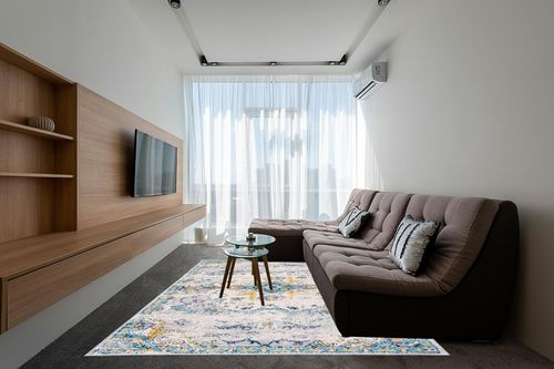 Rugshop Bohemian Distressed Design Area Rug 7'10" x 10' Blue in Grey Living Room with Brown Couch