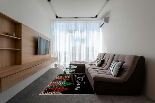 Merry Christmas Area Rug for Living Room Bedroom 5x8, Large Runner Rug Carpet Washable Rugs Non-Shedding Floor Cover Mat for Kitchen Dining Kids Room Decor Christmas Tree Black Texture in Grey Living Room with Brown Couch