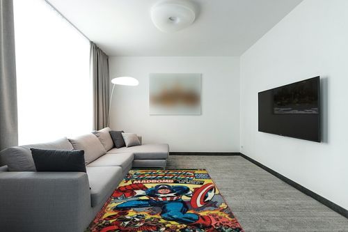 AB 4'6x6'6 Kids Blue Red White Captain America Area Rug Rectangle Shaped, Indoor Yellow Marvel Comics Carpet for Bedroom Superhero Floor Mat Avengers Shield Hero USA Cartoon Graphic, Polyester in Modern Living Room with Grey Couch
