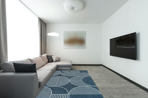 JONATHAN Y SCN104A-5 Nordby Geometric Arch Scandi Striped Indoor Area Rug, Contemporary, Coastal, Bohemian, Transitional for Bedroom,Kitchen,Living Room,Non Shedding,Easy-Washing, Blue, 5 X 8 in Modern Living Room with Grey Couch