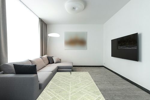 Nevaeh Geometric Handmade Tufted Wool Green Area Rug Etta Avenue Rug Size ... in Modern Living Room with Grey Couch