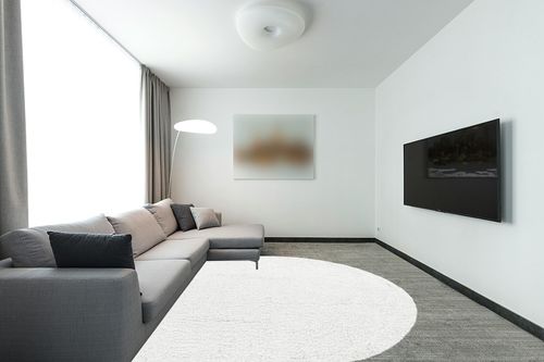 White 8x10 Oval  Shag Rug in Modern Living Room with Grey Couch