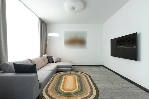 SAFAVIEH Braided Collection Area Rug - 5' x 8' Oval, Multi, Handmade Country Cottage Reversible, Ideal for High Traffic Areas in Living Room, Bedroom (BRD308A) in Modern Living Room with Grey Couch
