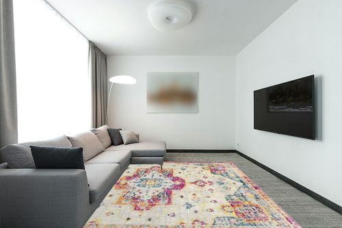Antep Rugs Elite 8x10 Vintage Bohemian Distressed Oriental Medallion Indoor Area Rug (Pink, 7'10" x 10') in Modern Living Room with Grey Couch