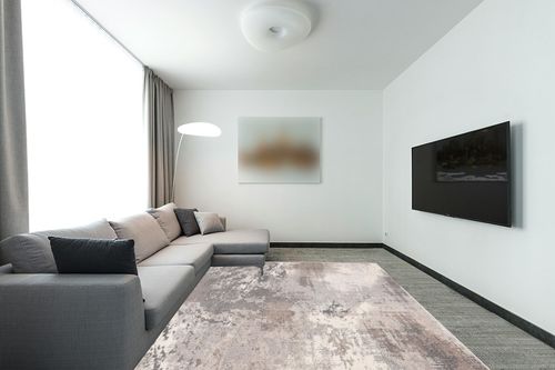 Safavieh Madison Collection Area Rug - 8' x 10', Beige & Grey, Modern Boho Abstract Design, Non-Shedding & Easy Care, Ideal for High Traffic Areas in Living Room, Bedroom (MAD440B) in Modern Living Room with Grey Couch