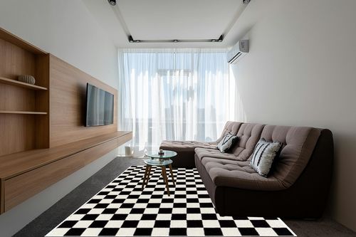 Luxe Weavers Modern Checkered Area Rug Black 8x10 Stain Resistant Carpet for Living Room in Grey Living Room with Brown Couch