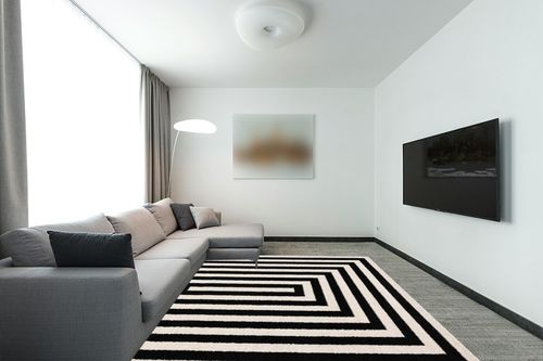 Abani Contemporary Black & Ivory 7'9" x 10'2" Area Rug, Contrasting Geometric Modern Stripe Symmetrical Living Room Carpet Rugs in Modern Living Room with Grey Couch