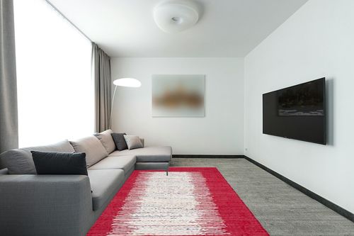 SAFAVIEH Montauk Collection Area Rug - 6' x 9', Ivory & Red, Handmade Stripe Fringe Cotton, Ideal for High Traffic Areas in Living Room, Bedroom (MTK711B) in Modern Living Room with Grey Couch
