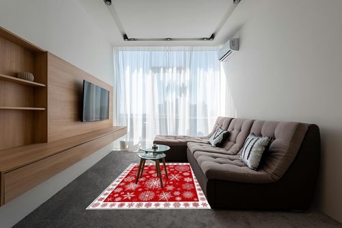 Christmas Area Rug 5 x 8, Washable Bedroom Rug Non-Slip Kitchen Rugs Non Shedding Floor Cover Mat Runner Rug for Living Room Dining Room Outdoor Carpet Seasonal Red Snowflakes Winter Xmas in Grey Living Room with Brown Couch