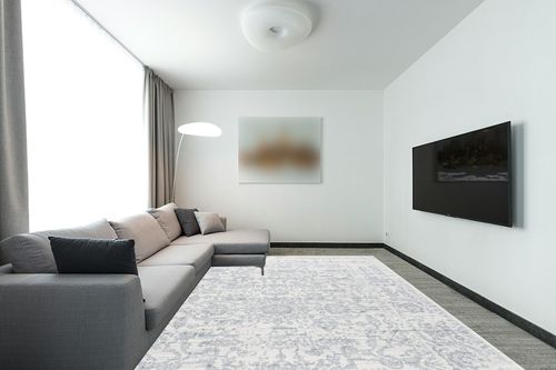 SAFAVIEH Madison Collection Area Rug - 9' x 12', Silver & Ivory, Snowflake Medallion Distressed Design, Non-Shedding & Easy Care, Ideal for High Traffic Areas in Living Room, Bedroom (MAD603G) in Modern Living Room with Grey Couch