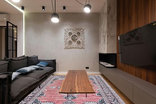 JONATHAN Y WSH201B-8 Bausch Bohemian Distressed Chenille Machine-Washable Indoor Area Rug, Classic, Mid-Century, Rustic for Bedroom,Kitchen,Living Room,Non Shedding,Easy-Washing, Pink, 8 X 10 in Dark Wood Living Room with Black Couch