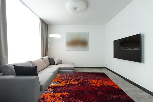 SAFAVIEH Glacier Collection 8' x 10' Red / Orange GLA124Q Modern Abstract Non-Shedding Living Room Bedroom Dining Home Office Area Rug in Modern Living Room with Grey Couch