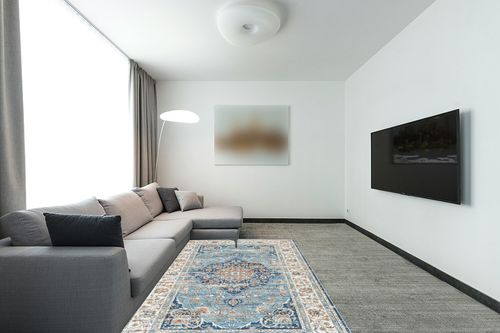 VK VK·LIVING Washable Rug, 5'x7' Stain Resistant Washable Rug, Machine Washable Rug with Non-Slip,Vintage Bohemian Area Rug for Living Room Bedroom Dining Home Office Area Rug (Blue, 5'x7') in Modern Living Room with Grey Couch