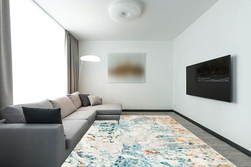 SAFAVIEH Madison Collection Area Rug - 9' x 12', Cream & Orange, Modern Abstract Design, Non-Shedding & Easy Care, Ideal for High Traffic Areas in Living Room, Bedroom (MAD478B) in Modern Living Room with Grey Couch