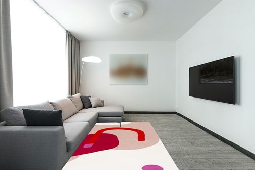 SAFAVIEH Fifth Avenue Collection Area Rug - 5' x 8', Ivory & Red, Handmade Mid-Century Modern Abstract Wool, Ideal for High Traffic Areas in Living Room, Bedroom (FTV143A) in Modern Living Room with Grey Couch