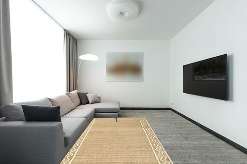 Erin Gates Orchard Border 5' x 8' Area Rugs with Natural ORCHAORC-1NAT5080 in Modern Living Room with Grey Couch