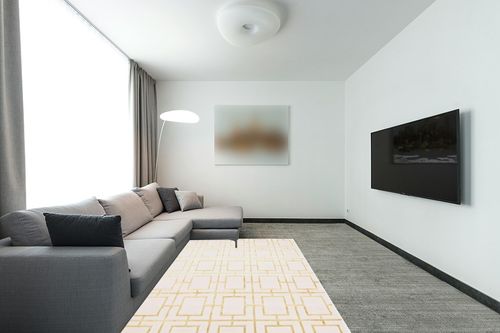 Marilyn Monroe Glam Collection Area Rug - Deco (5'x 8' Rectangle, White Gold/ Gold) in Modern Living Room with Grey Couch