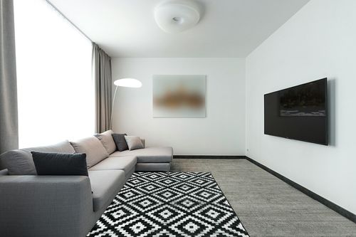 Lahome Moroccan Area Rug 5x7 Washable Rug Soft Non Slip Non Shedding Low Pile Printed Geometric Trellis Rugs for Indoor Bedroom Living Room Dining Room Playroom Carpet, Black and White in Modern Living Room with Grey Couch