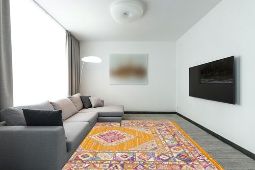SAFAVIEH Madison Collection Area Rug - 8' x 10', Orange & Fuchsia, Boho Chic Medallion Design, Non-Shedding & Easy Care, Ideal for High Traffic Areas in Living Room, Bedroom (MAD133D) in Modern Living Room with Grey Couch