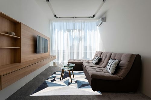 Abani Rugs Gray and Blue 6 ft. X 9 ft. Contemporary Area Rug with Geometric Triangles. Rectangular Area Rug. Turkish Stain Resistant Area Rug. in Grey Living Room with Brown Couch