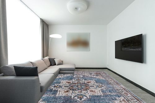 Area Rugs for Living Room: 9x12 Rug for Bedroom Machine Washable with Non Slip Backing Non Shedding, Boho Medallion Floral Large Carpet for Dining Room Nursery Home Office Blue/Brown in Modern Living Room with Grey Couch