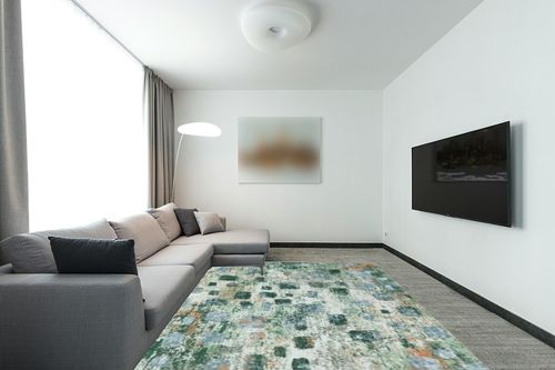 Lahome Abstract Washable Rug 8x10, Non-Slip Soft Bedroom Rugs Stain Resistant, Ultra-Thin 8x10 Rugs for Living Room Easy Clean Boho Green Rug Accent Carpet for Office Dining Room(8x10ft, Green) in Modern Living Room with Grey Couch