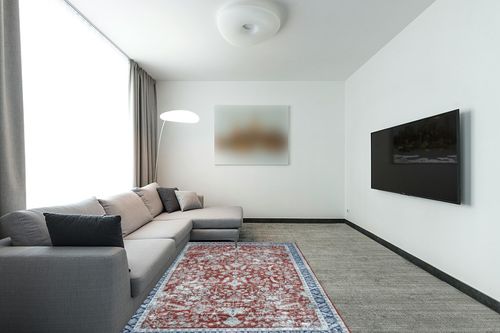 COZYLOOM 5x7 Vintage Bohemian Distressed Rug Oriental Floral Printed Rug Boho Chenille Soft Floor Cover for Living Room Bedroom Non-Slip Low Pile Washable Rug Foldable Thin Red in Modern Living Room with Grey Couch