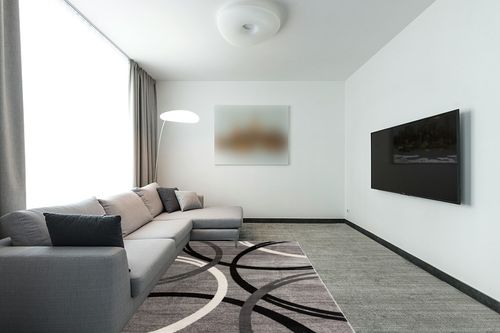 Grey Modern Non Slip Living room, Bedroom, Hallway, Office, Dorm, Kitchen, Dining room Area Rug in Modern Living Room with Grey Couch